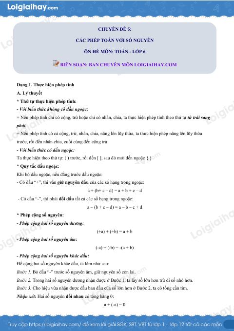 Dạng 1. Thực hiện phép tính Chủ đề 5 Ôn hè Toán 6
